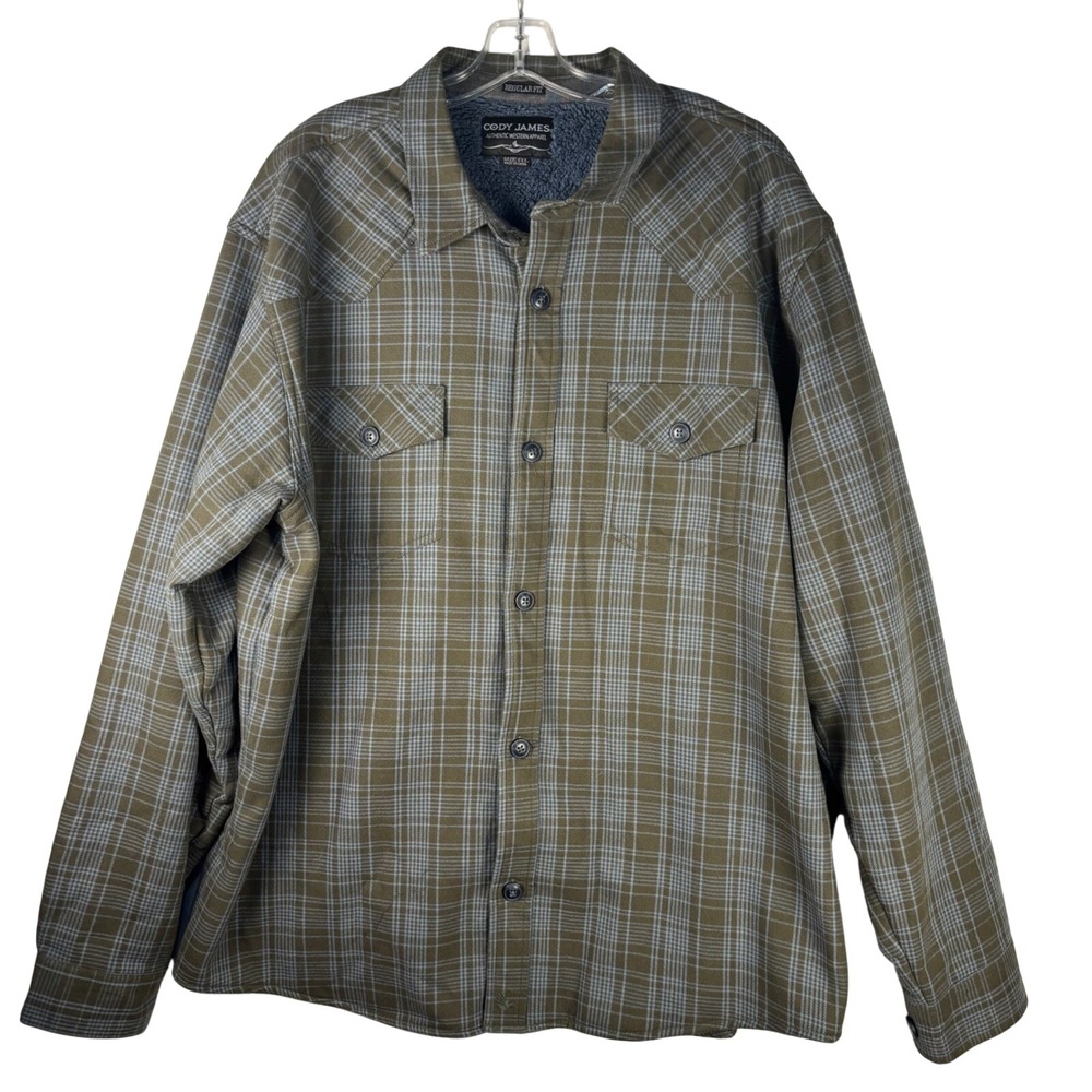 Cody James Mens 2XL Western Plaid Sherpa Lined Flannel Shirt Olive Green Blue